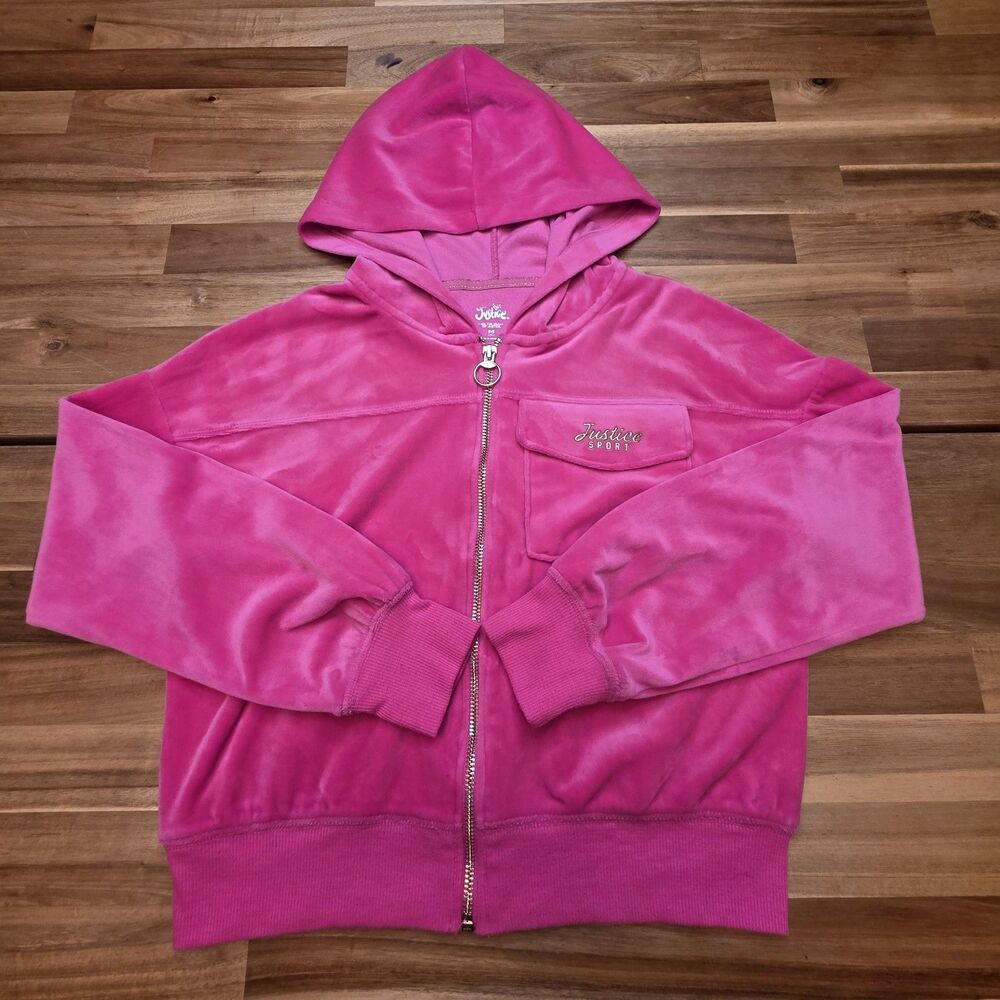 Justice Sport Girls 10 Pink Velour Full Zip Hoodie Jacket Y2K
